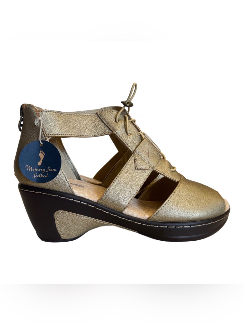 JBU Coco Encore Shoes Womens Size 10M Gold Wedge Sandals Peep Toe Zip Toggle NEW